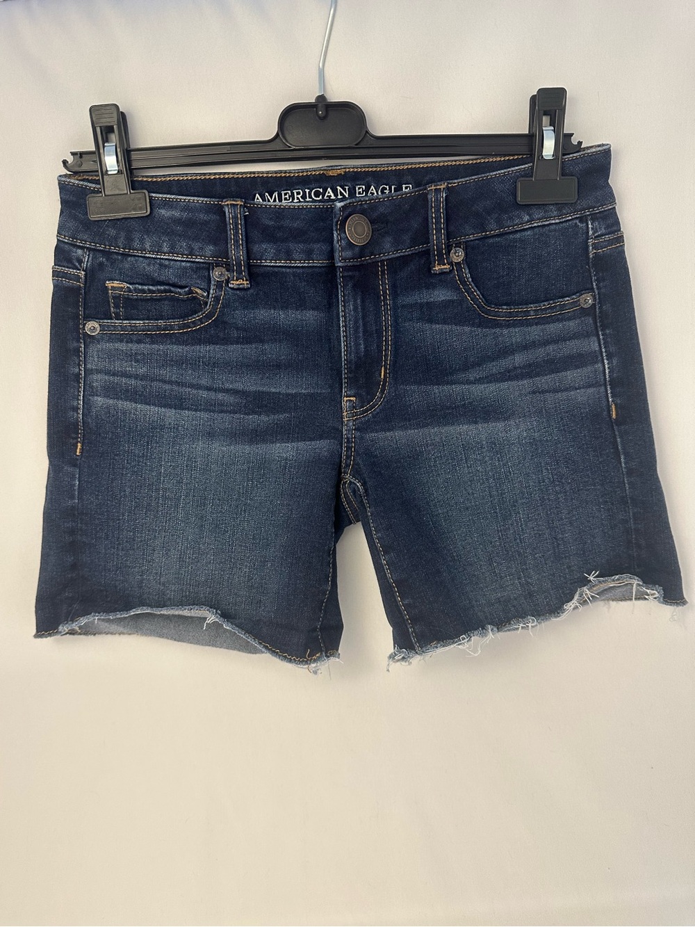 American Eagle Dark Wash Denim Cutoff Shorts 360 Super Stretch Midi Women”s 4